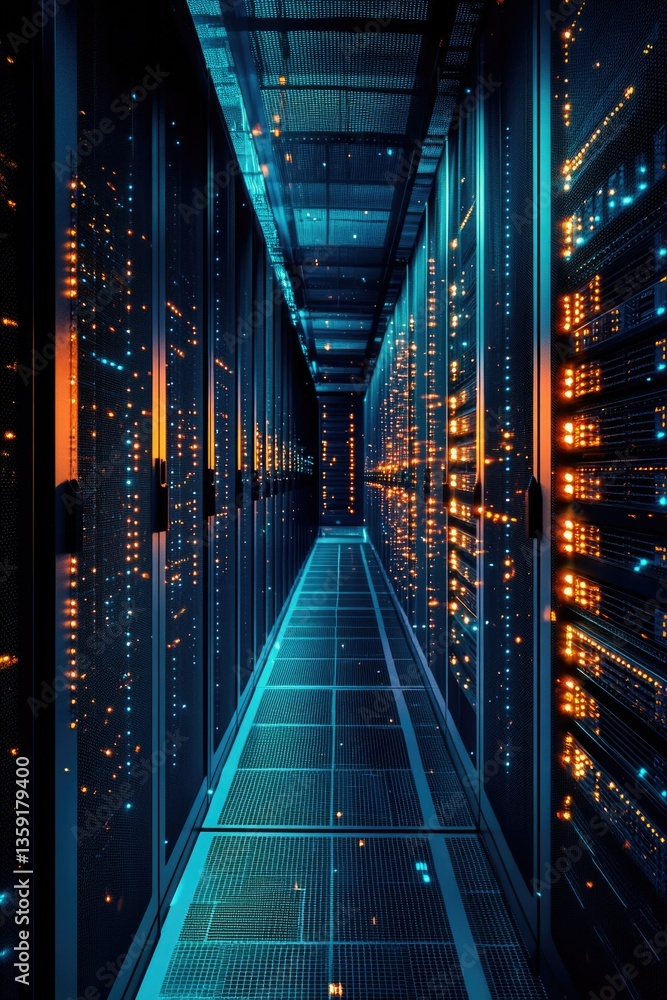 Fototapeta premium Bright blue and white lighting illuminates rows of server racks in this futuristic data center at night.