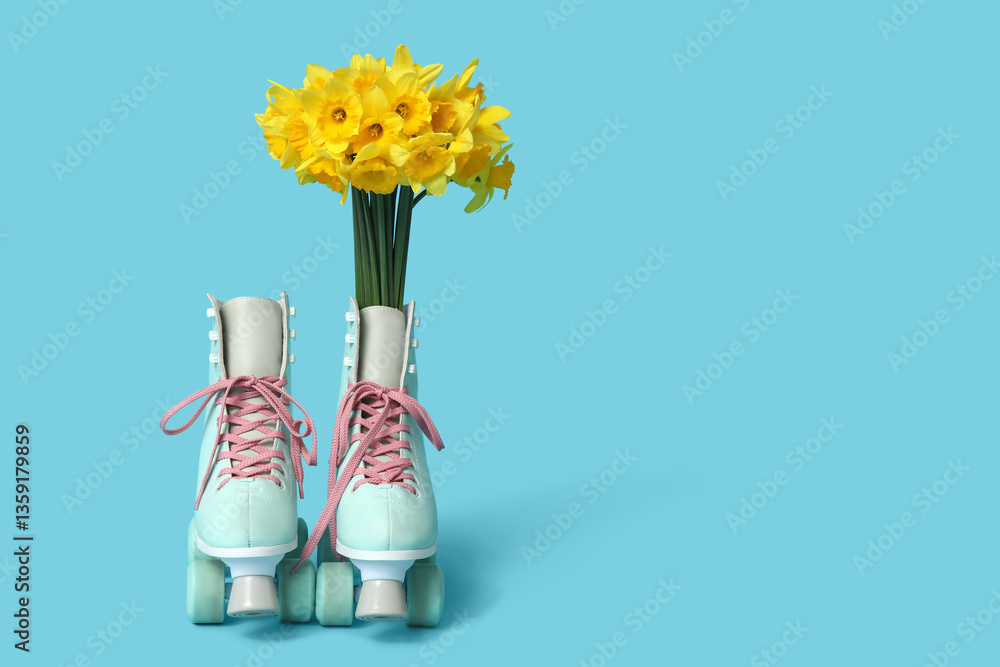 Fototapeta premium Vintage roller skates with bouquet of beautiful narcissus flowers on blue background