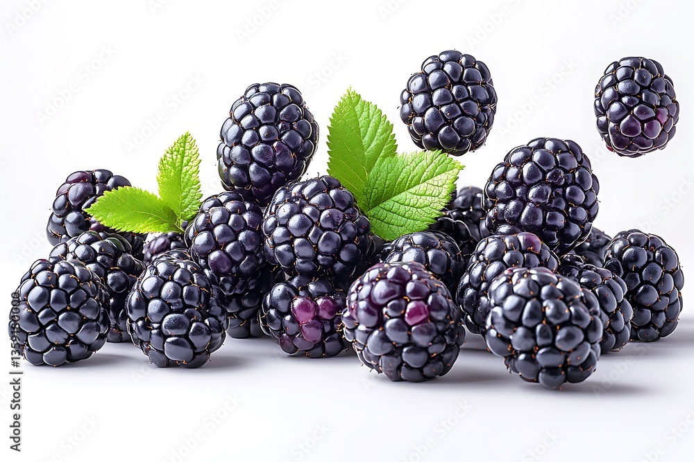 Fresh Heap of Blackberries with Green Leaves on White Backdrop, CloseUp View Fresh Heap of Blackberries with Green Leaves on White Backdrop, CloseUp View