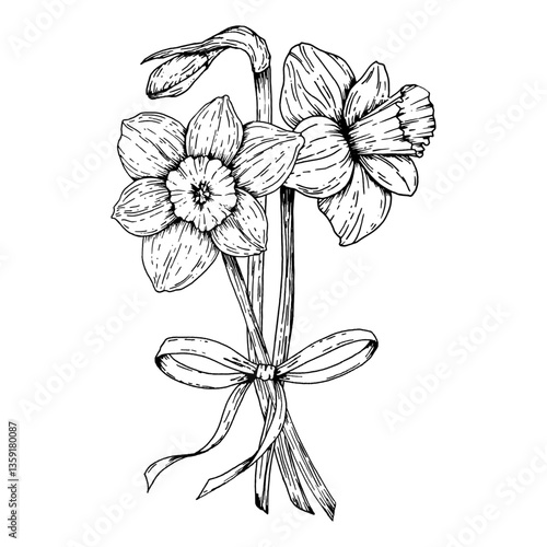 Black and white hand drawn illustration of a daffodil bouquet tied with a ribbon. Perfect for spring greeting cards, International Women s Day, botanical projects, packaging and holiday decoration