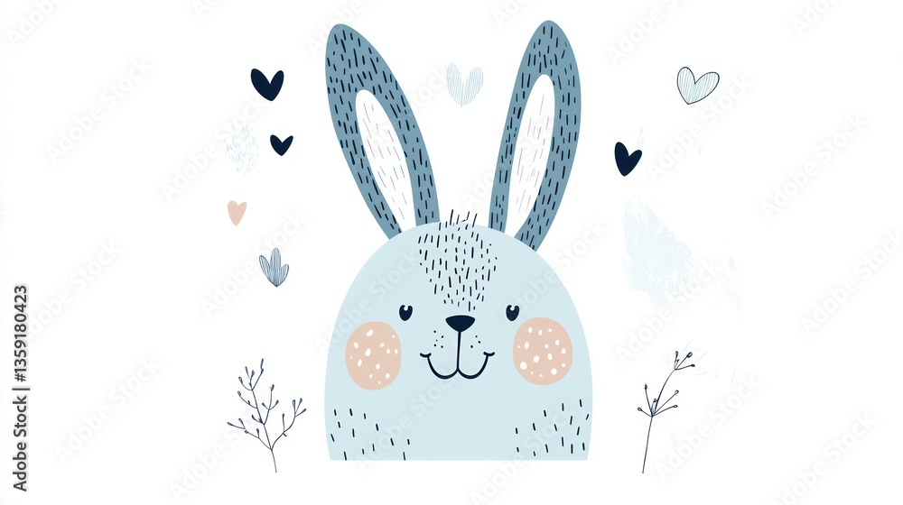 Obraz premium Cute bunny illustration with hearts and flowers. Stock photo for children's products