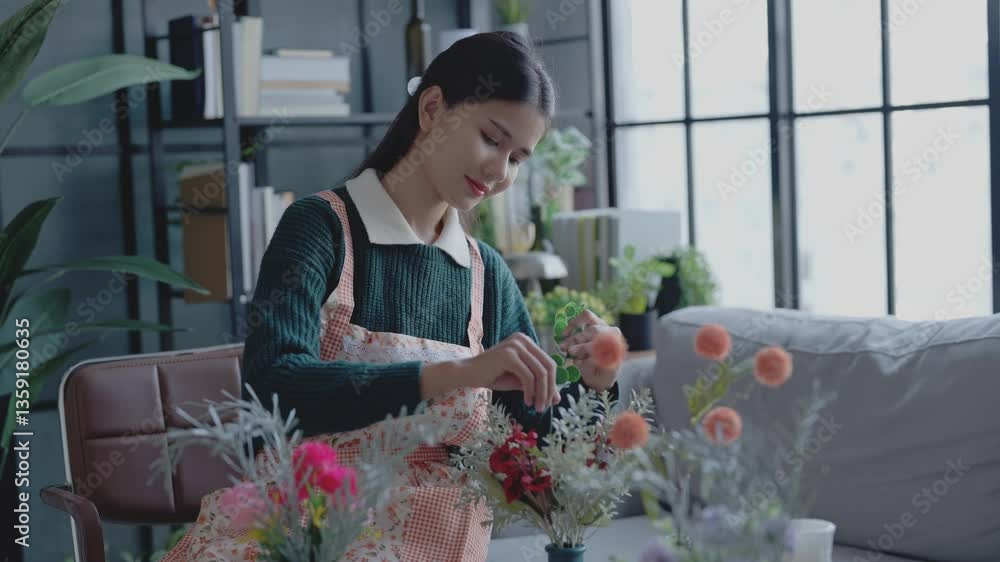 Asian woman florist caring of plants by flowers and plants in home. Asian woman florist caring of plants by flowers and plants in home.