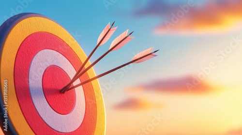 A colorful target with three arrows perfectly embedded, set against a serene backdrop of a sunset.