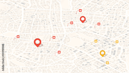 GPS navigation. Package delivery route, navigation plan to multiple package positions. Isometric city scape navigation on detailed map. Real time location with map markers. Vector illustration