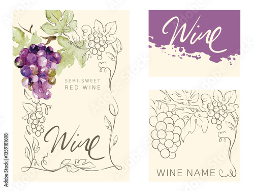 Label for red wines with watercolor bunch of grapes. Vector illustrations, backgrounds with grapes, author's hand drawing.