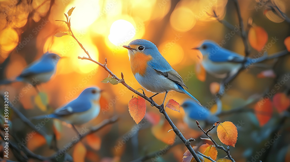 A blue and orange bird sits on a branch surrounded by other birds in a warm autumnal setting with bokeh light A blue and orange bird sits on a branch surrounded by other birds in a warm autumnal setting with bokeh light