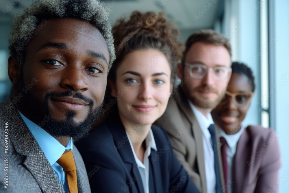 Group of diverse business people in suits sitting at table, looking towards camera, ready for discussion or negotiation.