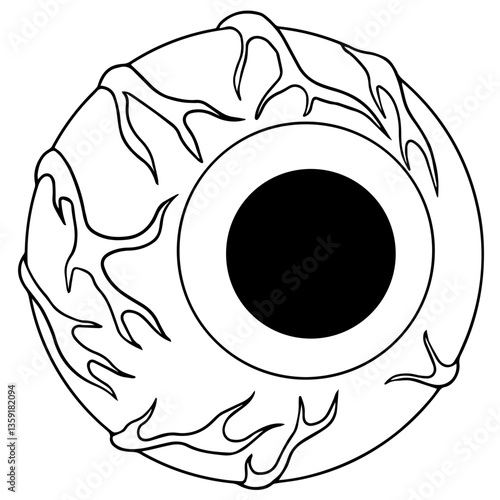 Close-up view of an eye with a black pupil, white iris area, and visible blood vessels, representing the internal structure of the human eye.

