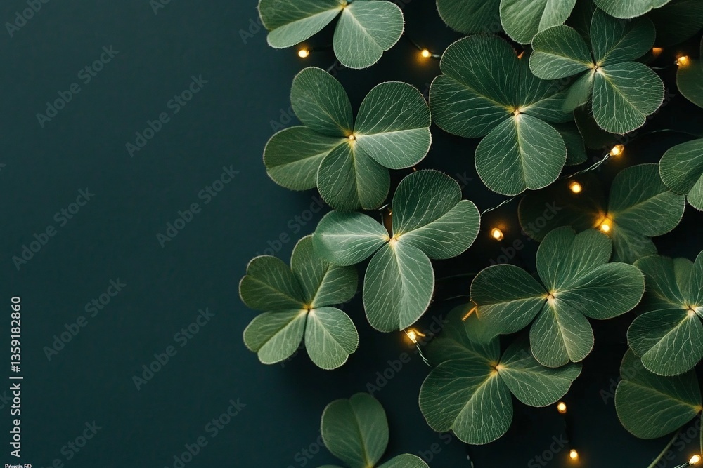 Green clover leaves on dark green background. botanical design, spring greeting card design Green clover leaves on dark green background. botanical design, spring greeting card design
