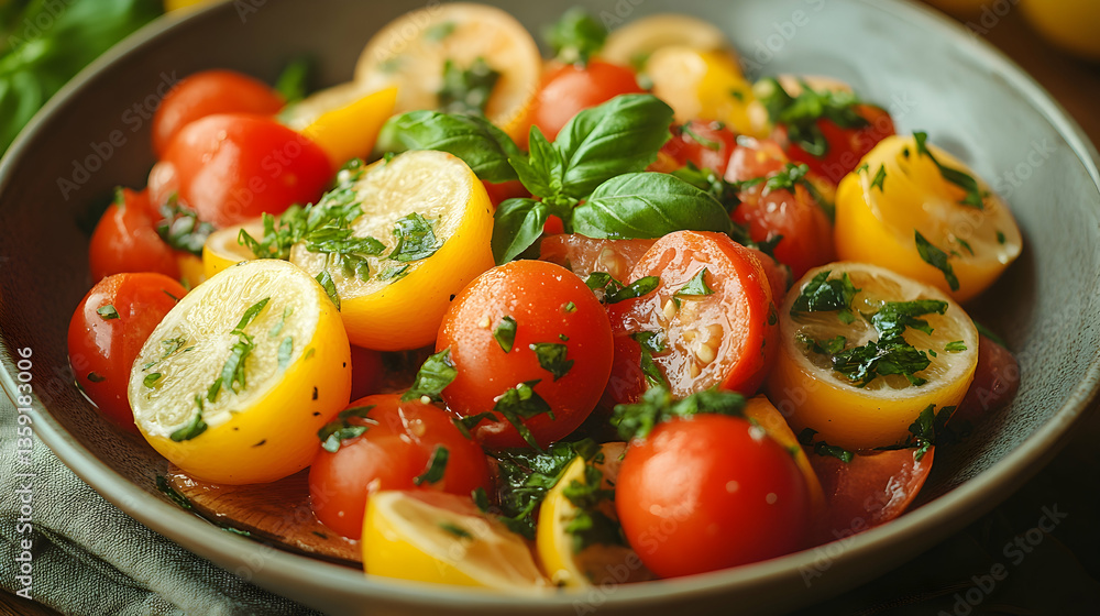 A bowl with halved red tomatoes and yellow citrus fruits sprinkled with fresh green herbs creates a vibrant and appeti A bowl with halved red tomatoes and yellow citrus fruits sprinkled with fresh green herbs creates a vibrant and appeti