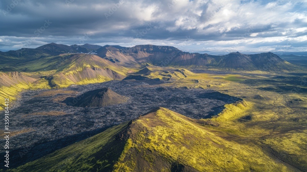 Fototapeta premium Scenic view of volcanic mountain range with lush greenery, clear blue sky, and low-lying clouds.