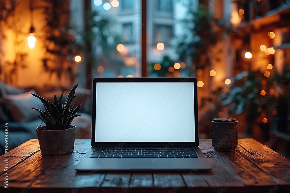 Modern Laptop with Blank Screen, Potted Plant and Drink on Wooden Table, Bokeh Background