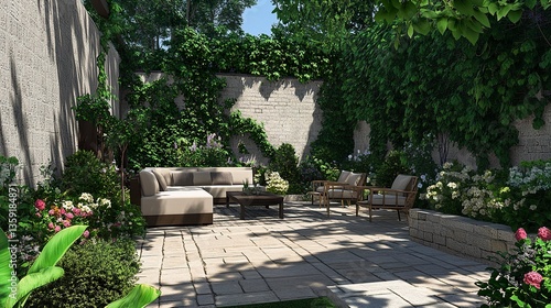 Retaining wall adds structure to a paver patio elegant layout cozy furnishings surrounded by greenery peaceful and chic. 