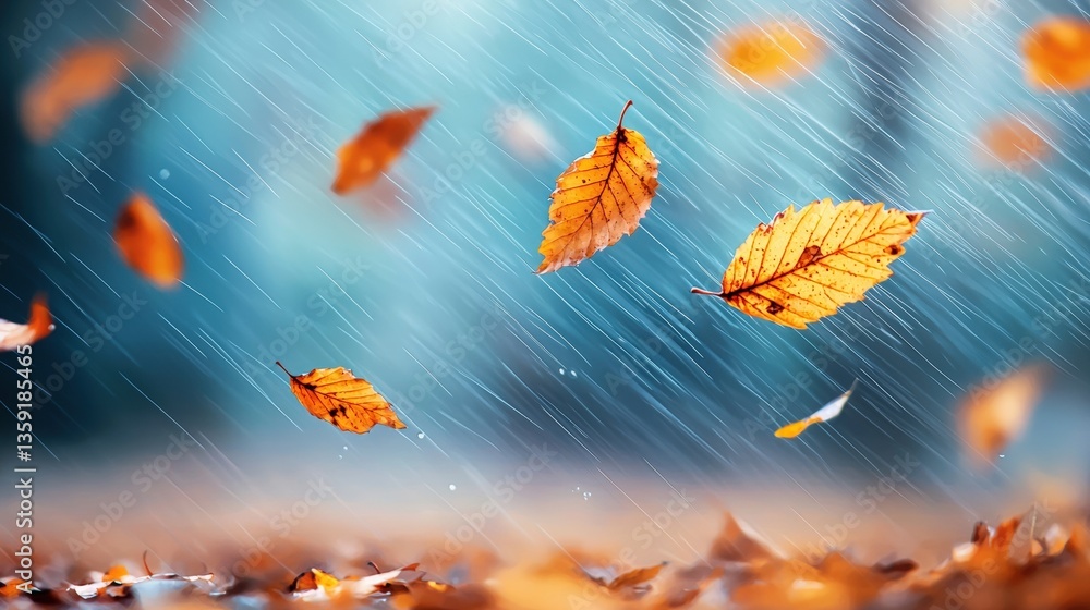 A serene scene of autumn leaves falling amidst gentle rain, capturing the beauty of nature A serene scene of autumn leaves falling amidst gentle rain, capturing the beauty of nature