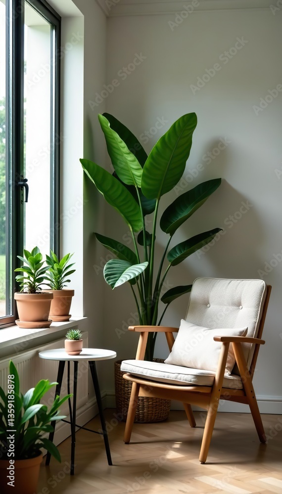 Fototapeta premium A stylish home corner with potted plants, Japandi decor, chair, table for coffee, modern, Japandi