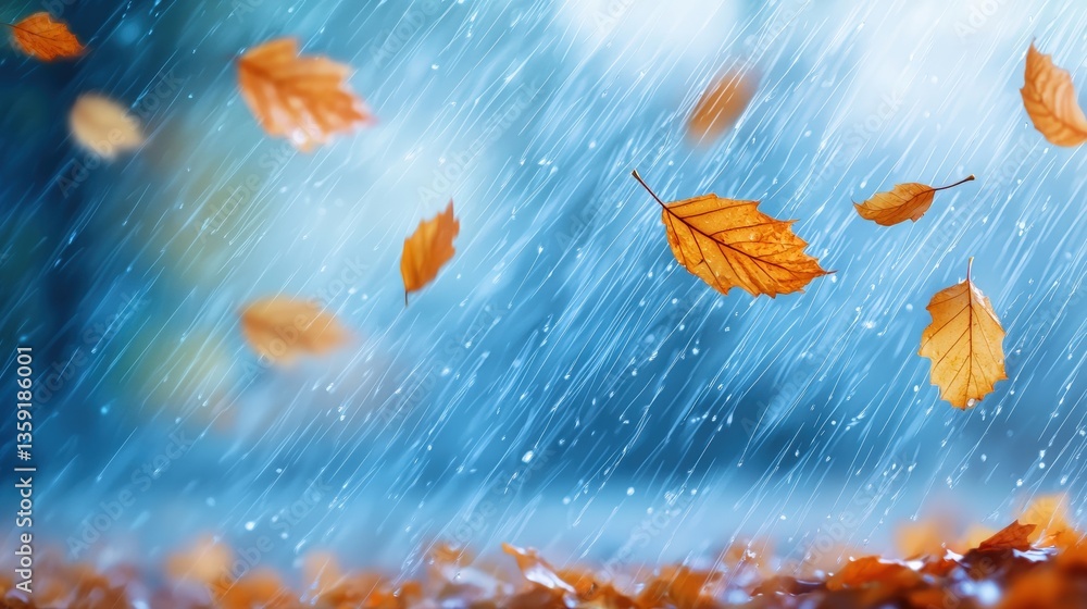 A serene scene of autumn leaves falling through a gentle rain, creating a tranquil atmosphere with blurred blue backgrounds. A serene scene of autumn leaves falling through a gentle rain, creating a tranquil atmosphere with blurred blue backgrounds.