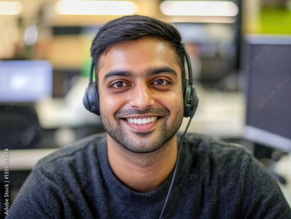 Obraz premium Young male in headset wearing dark jacket, smiling at camera, with modern office environment.