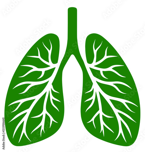 Green lungs stylized as leaves with branching structures resembling leaf veins, Earth's trees and oxygen supply, importance of clean human lungs and the planet’s health.
