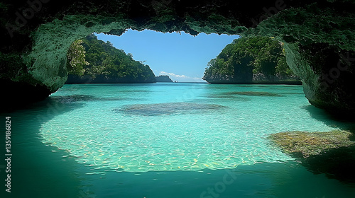 A cave opening leads to clear turquoise waters and green lush islands under a bright blue sky inviting exploration