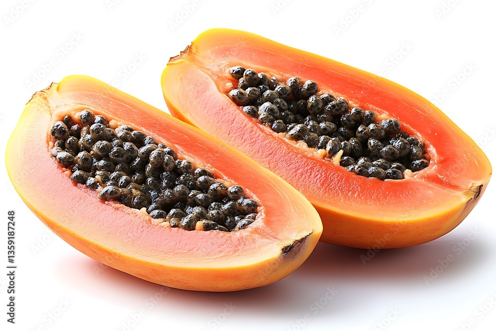Sliced Papaya Halves Fresh Tropical Fruit with Black Seeds Isolated on White Background Sliced Papaya Halves Fresh Tropical Fruit with Black Seeds Isolated on White Background