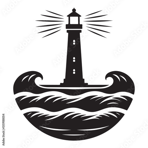 Lighthouse Amidst Waves Silhouette Illustration A Symbol of Resilience