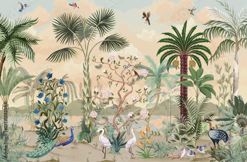 Luxury Wallpapers for Premium Homes, Brand Stores and Hotels, Wall Mural Illustration, Birds, Animals, Watercolor Background.
