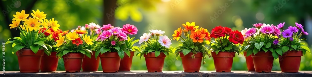 Fototapeta premium Beautiful assortment of colorful flowers in various pots basking in the sunlight outdoors, garden, flora