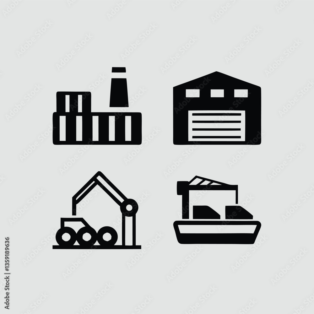 Factory and industrial building icons set in black silhouette design Factory and industrial building icons set in black silhouette design