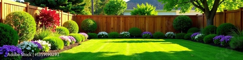 Beautiful backyard with freshly installed fencing and colorful new planting beds, creating a tranquil outdoor oasis,  garden,  relaxing