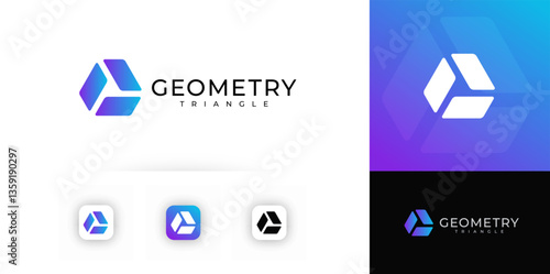 Geometric triangle logo with three abstract gradient parts forming modern tech union symbol. Futuristic digital identity for apps, branding, UI design. Flat minimal vector illustration