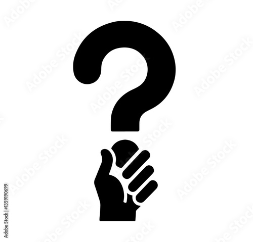 Black question mark held by a black hand, symbolizing societal questions, activism, resonance of important societal issues, need for inquiry, awareness, societal change.
questions raised by society, a