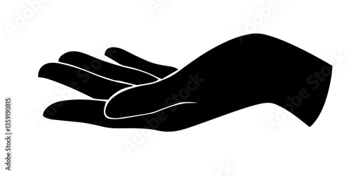 Black silhouette of an open palm facing upward, fingers slightly bent, cupped shape, as if reaching out to receive something, openness, receptiveness, receiving, offering, giving, taking, gesture of r