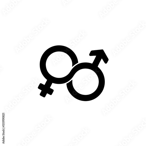 Intertwined male and female gender symbols, with the female, circle with a cross below and the male by a circle with an upward and rightward arrow, unity and balance, connection.