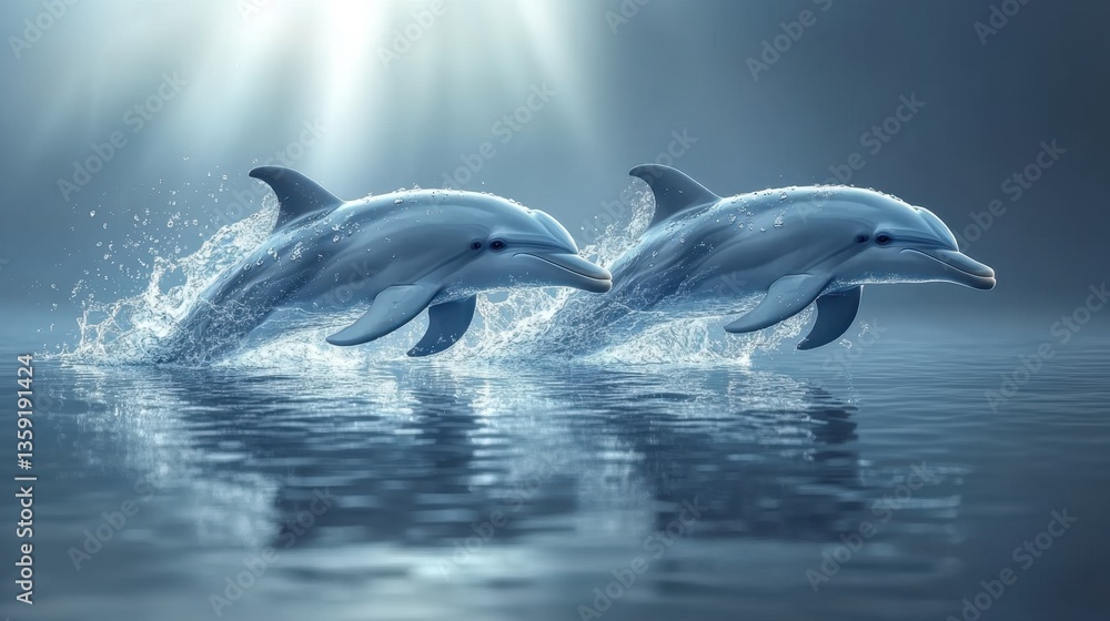 Fototapeta premium Three Dolphins Swimming Beneath the Calm Ocean Surface