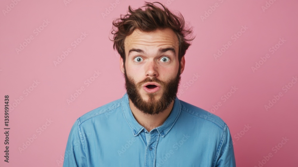 Fototapeta premium surprised man with beard in blue shirt