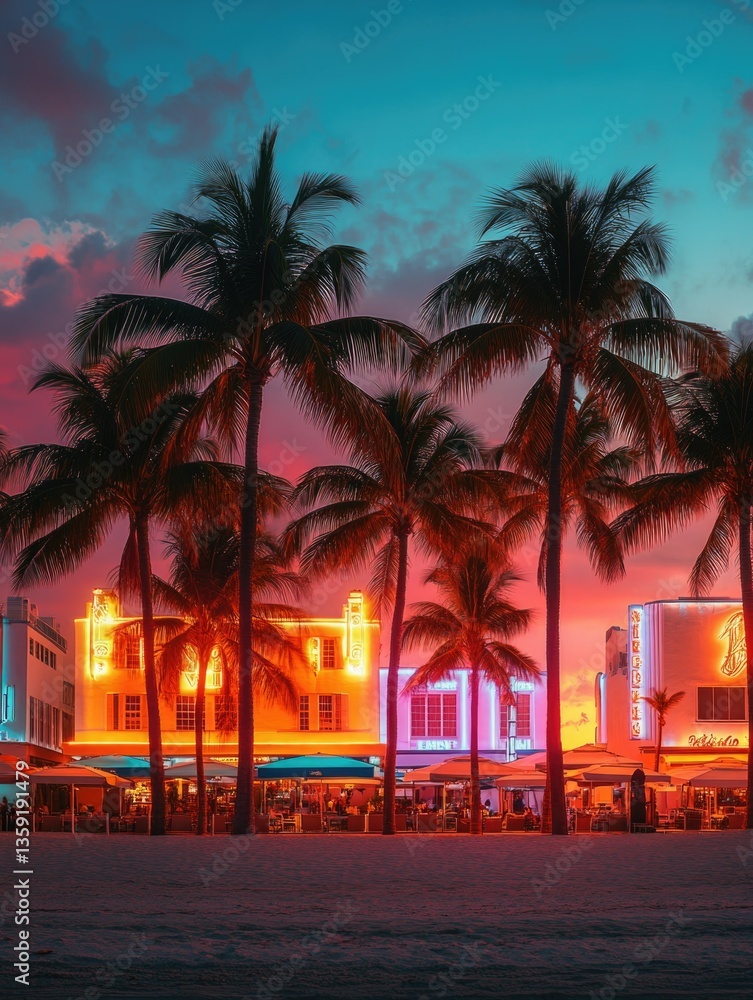 Fototapeta premium Vibrant neon lights at night, palm trees silhouetted against twilight sky; bustling beachfront with people and umbrellas.