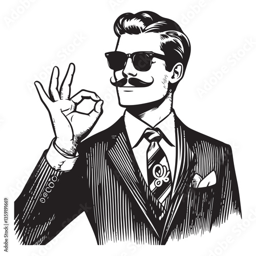 Man with mustache and glasses doing ok sign illustration vector