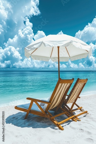 Chaise lounges under a parasol on white sandy beach under blue sky.