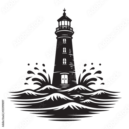 Lighthouse vector illustration in ocean waters for guidance and safety