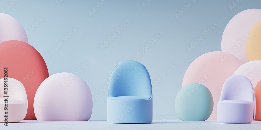 Fototapeta premium Colorful chairs and spherical shapes create a pastel landscape