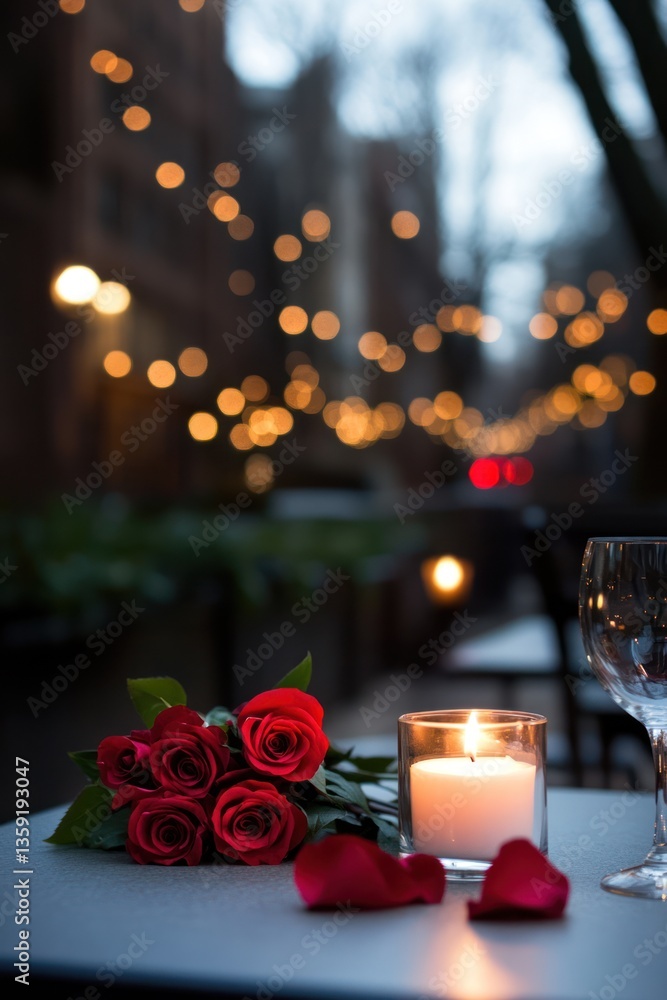 Romantic roses and candle on a table at night Romantic roses and candle on a table at night