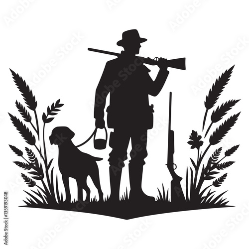 Silhouette Hunter with Dog Vector Graphic for Outdoor Adventure Themes