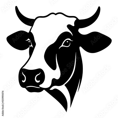 Head of a cow with visible horns, ears, and characteristic spots on the face, symbolizing milk, dairy products, and the rural farming lifestyle.

