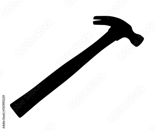 Silhouette of a hammer with a long handle, metal head, featuring a flat part for driving nails, split part for extracting them, hand tool for construction and repairs, primarily made from steel.