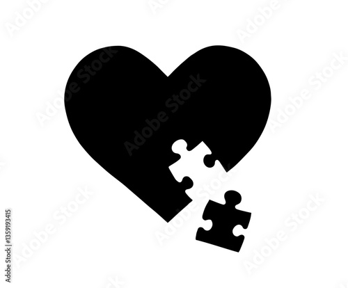 Black heart with a puzzle piece cut out from the center, symbolizing a missing piece in love or life, with a puzzle piece next to the heart that fits into the cut-out section.

