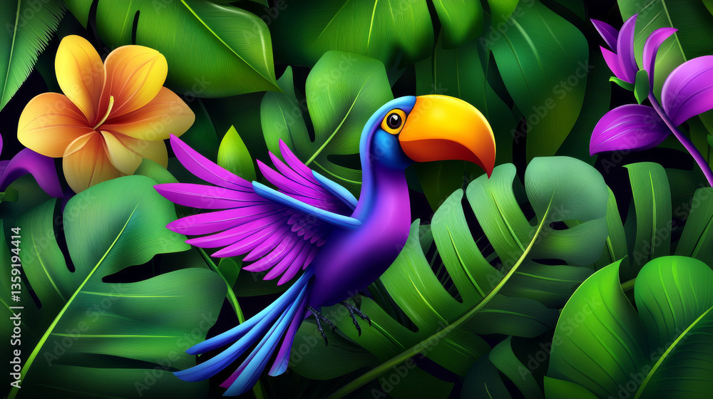 Fototapeta premium Vibrant toucan with colorful flowers and leaves
