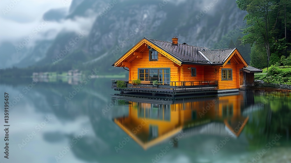 Obraz premium A small wooden cabin by the lake, reflecting in the calm waters. HD 8K wallpaper Photographic Image
