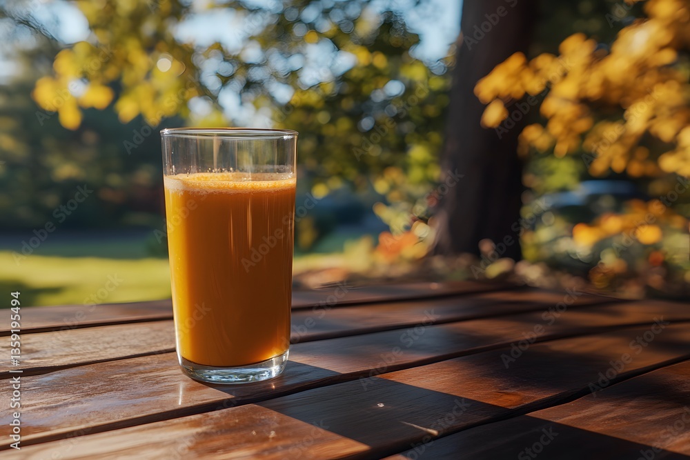 Refreshing Orange Juice in Glass on Wooden Table Outdoors Autumn Refreshing Orange Juice in Glass on Wooden Table Outdoors Autumn