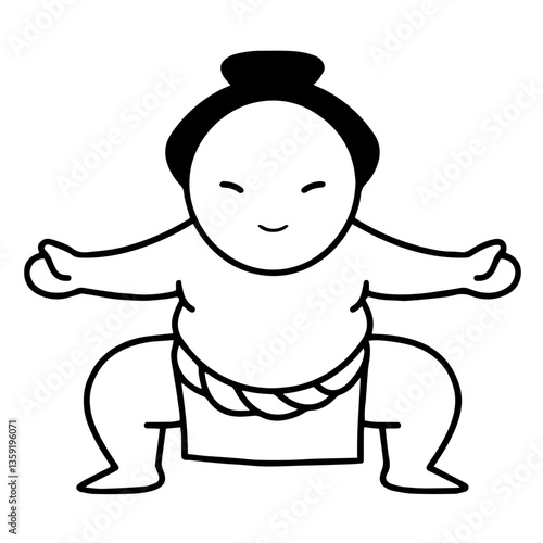 Sumo wrestler in a traditional pose with his body rounded, arms spread wide, knees bent, mawashi belt, smiling face, Japanese martial art of sumo wrestling, strength, discipline in competitive sport.
