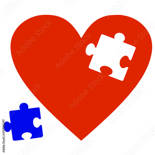 Red heart with a puzzle piece cutout, blue puzzle piece placed next to it, fit between two people in a relationship, highlighting love, connection, finding one's soulmate.